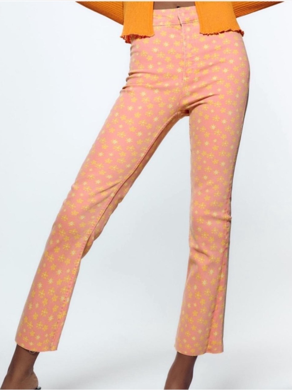 ZARA Retro Flower Print Pink & Yellow Crop Flare Denim Jeans Boho Casual Size 2